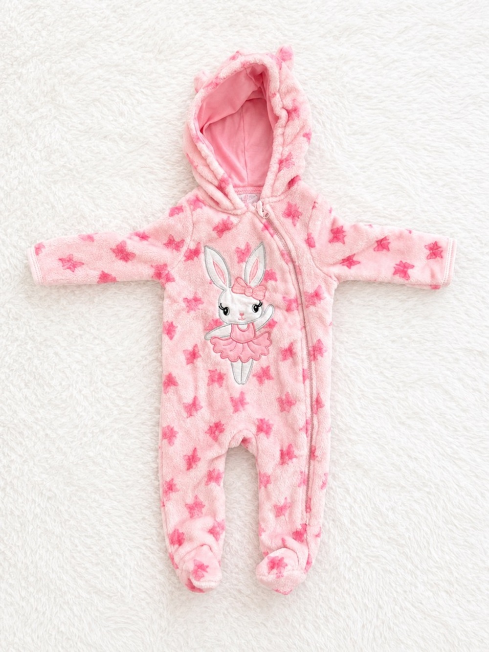 Baby Girl Pink Bunny Fleece Footed Onesie 3-6 Months Soft Hooded Pajama